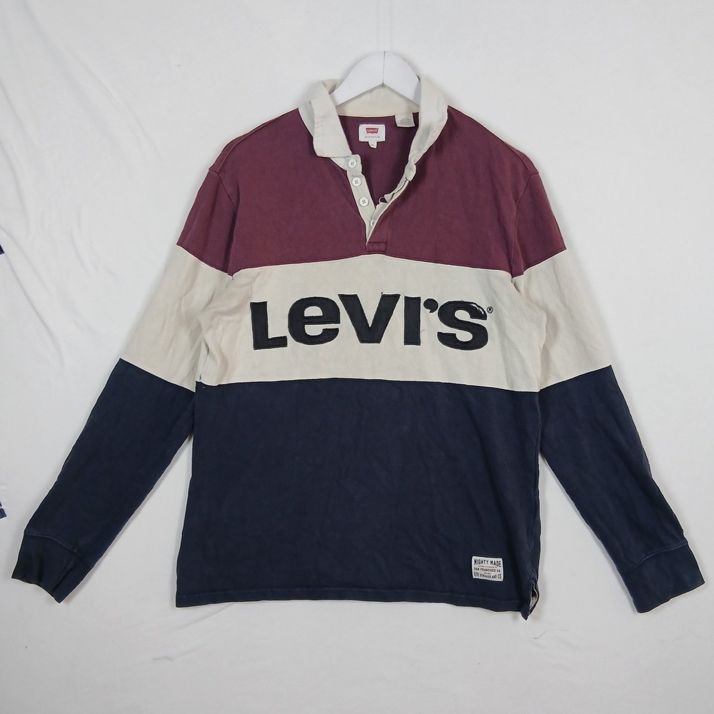 Levis Mens Colorblock Rugby Shirt Long Sleeve Logo Burgundy Navy Cream Size S